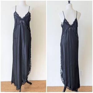 100% Silk Vintage 90s Long Lace Trim Black Gown XL